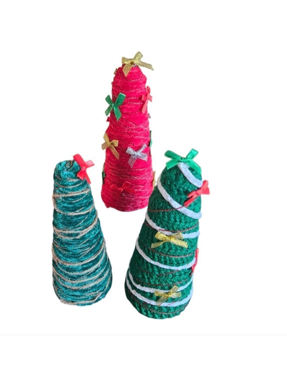 Hand Crafted Handmade Crochet Christmas Tree 3pc Set 8" Upcycled Holiday Decor